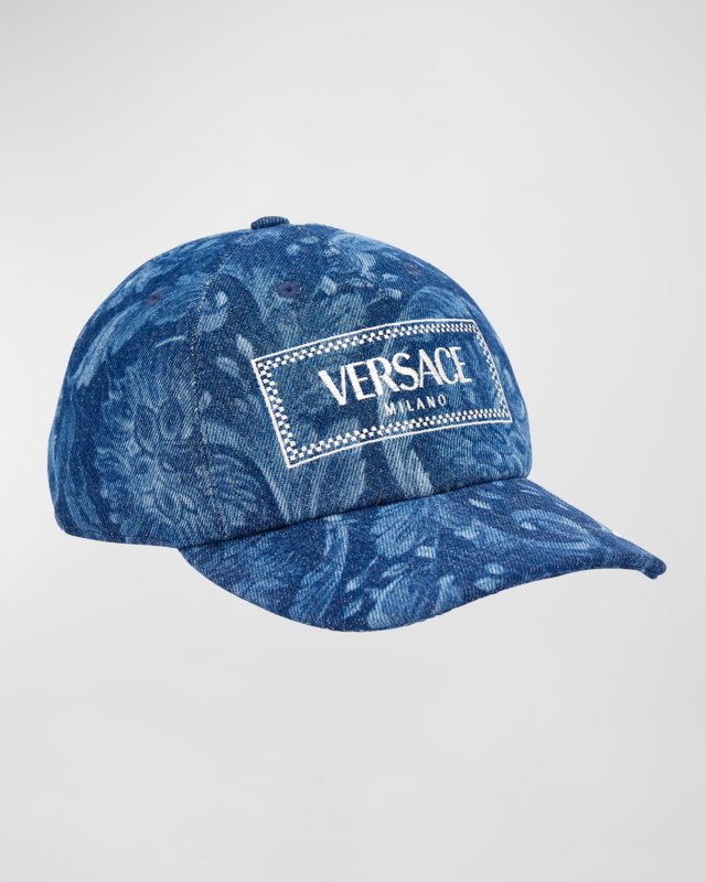 Embroidered Logo Barocco Print Denim Baseball Hat